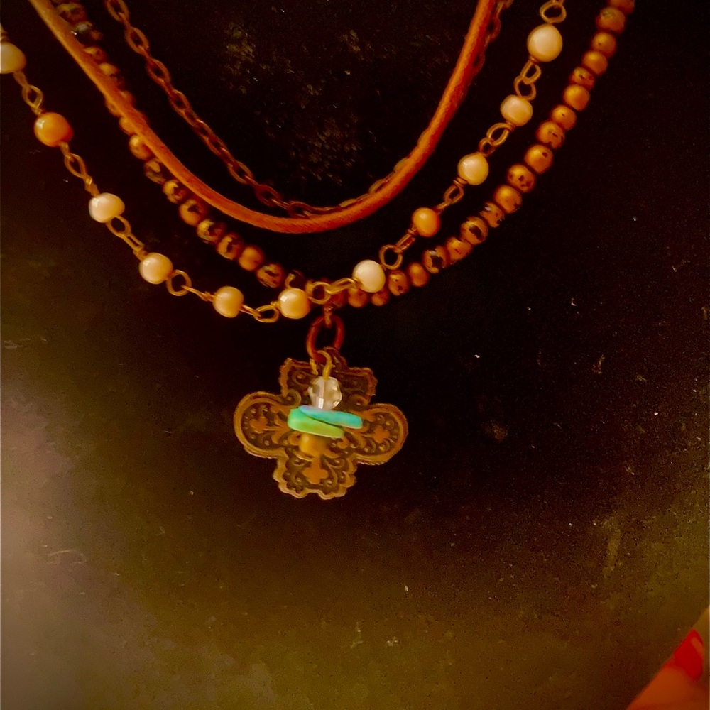 Layered Brown Beaded Cross Pendant Necklace
